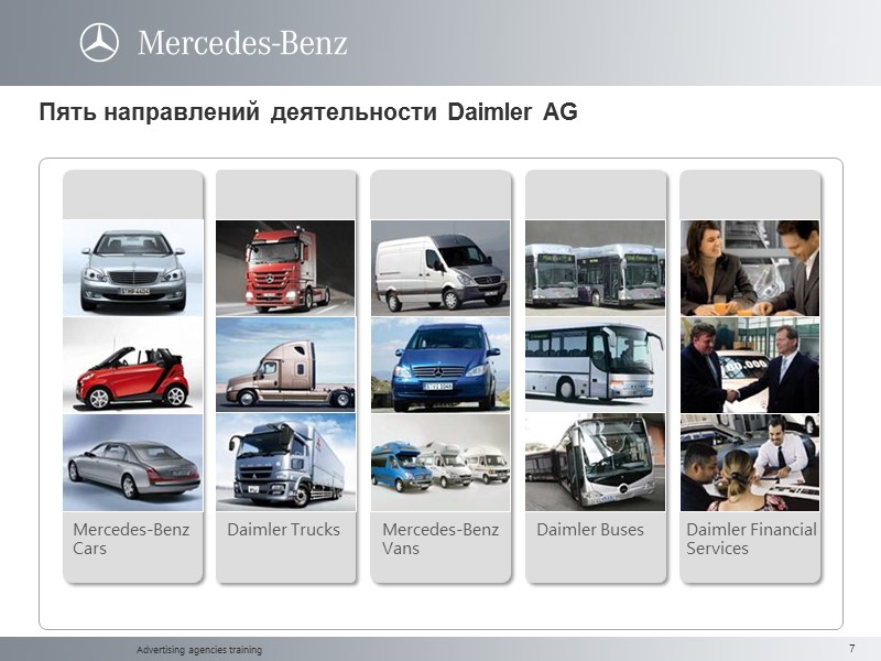Advertising agencies training Пять направлений деятельности Daimler AG Mercedes-Benz  Cars Daimler Trucks Mercedes-Benz